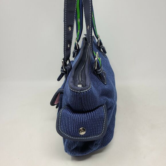 The Sak Navy Blue woven green & blue ribbon handle crochet satchel shoulder bag - Picture 2 of 12